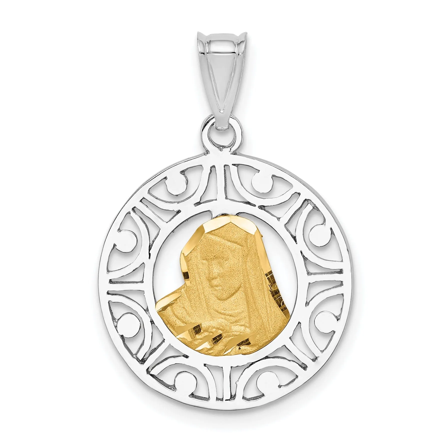 14K Two-tone Gold Brushed and Polished Virgin diamond cut Mary Pendant
