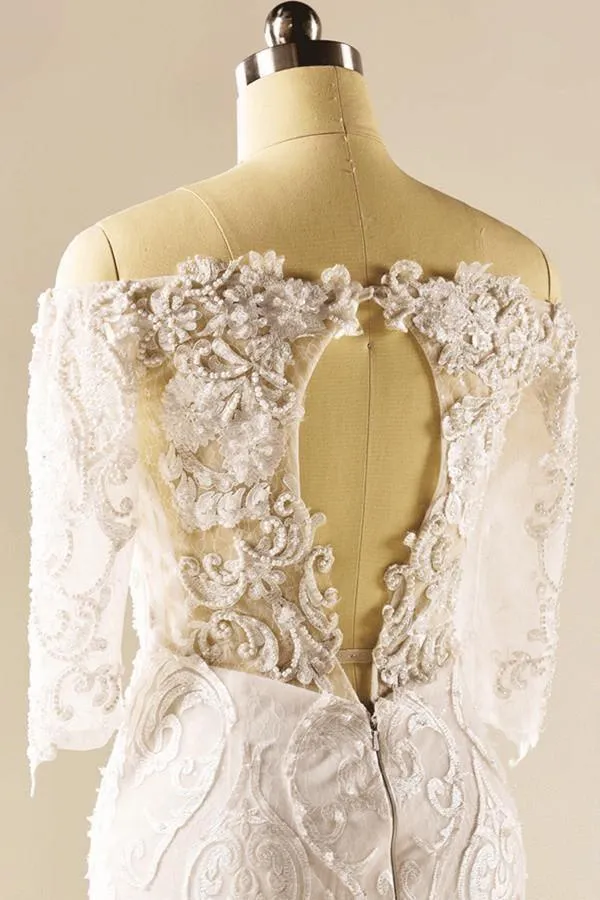 A-Line Half Sleeve Mermaid Lace Beaded Wedding Dress With Appliques TN0098