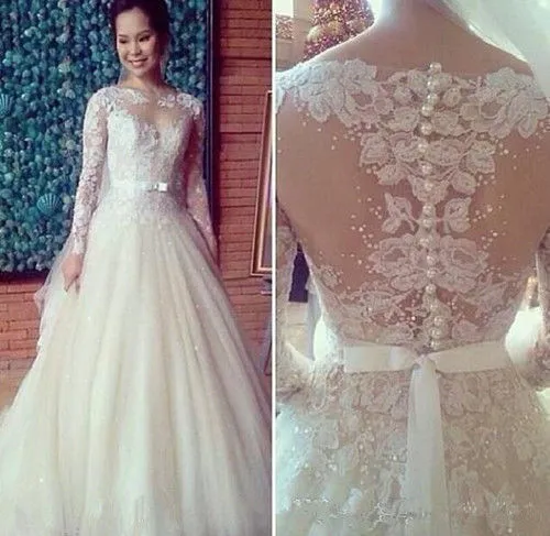 A-line Ivory Tulle Long Sleeve Lace Wedding Dress with Pearls