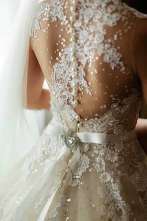 A-line Ivory Tulle Long Sleeve Lace Wedding Dress with Pearls