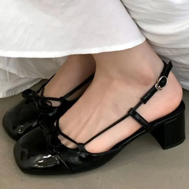 ADVBRIDGE  -  High Quality Bow Belt Buckle Women Sandals Round Toe Narrow Band Square Heel Mary Jane Shoes Fashion Comfortable Slide Sandals