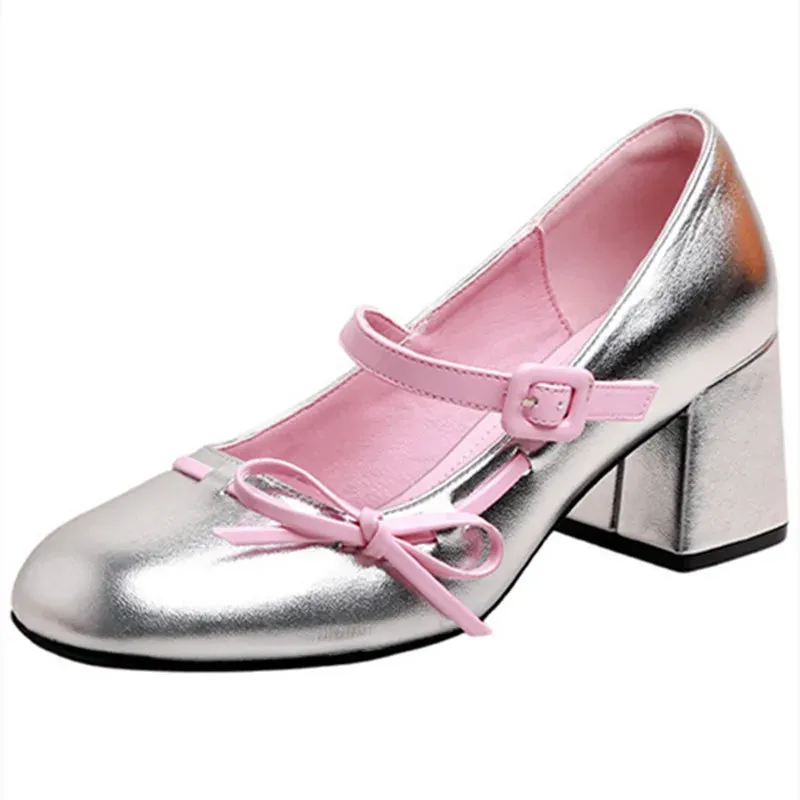 ADVBRIDGE  -  Sweet Bow Belt Buckle Women Sandals Fashion Round Toe Square Heel Mary Jane Shoes Simple Comfort Patent Leather Women Slide Shoe