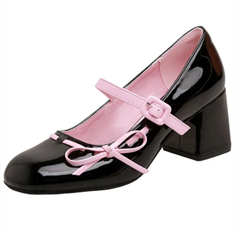 ADVBRIDGE  -  Sweet Bow Belt Buckle Women Sandals Fashion Round Toe Square Heel Mary Jane Shoes Simple Comfort Patent Leather Women Slide Shoe