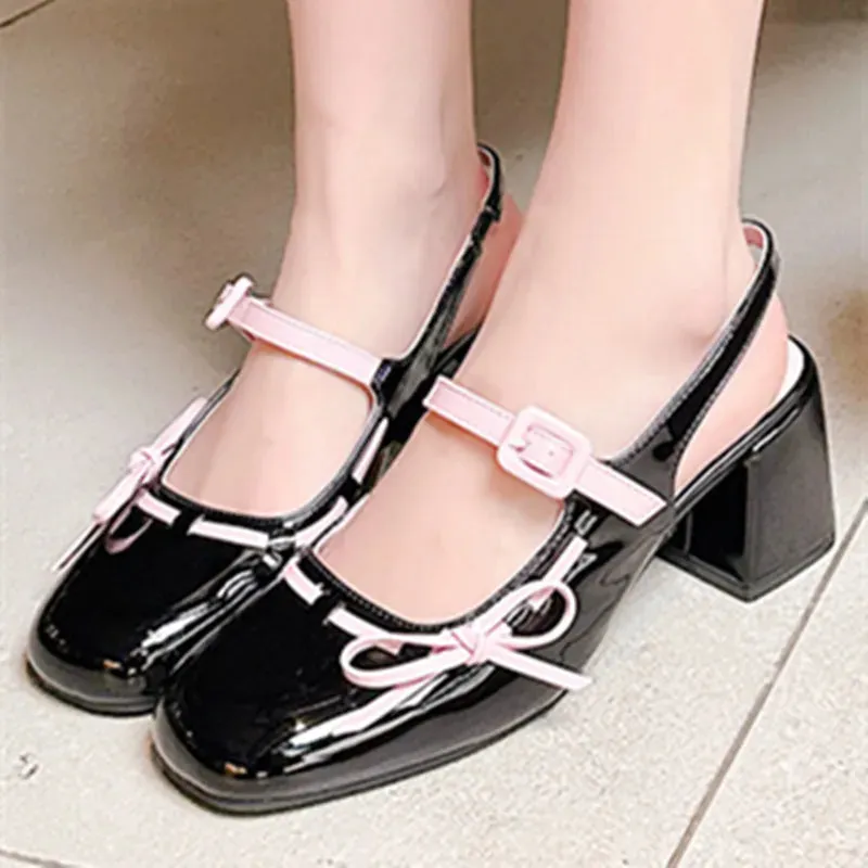 ADVBRIDGE  -  Sweet Bow Belt Buckle Women Sandals Fashion Round Toe Square Heel Mary Jane Shoes Simple Comfort Patent Leather Women Slide Shoe