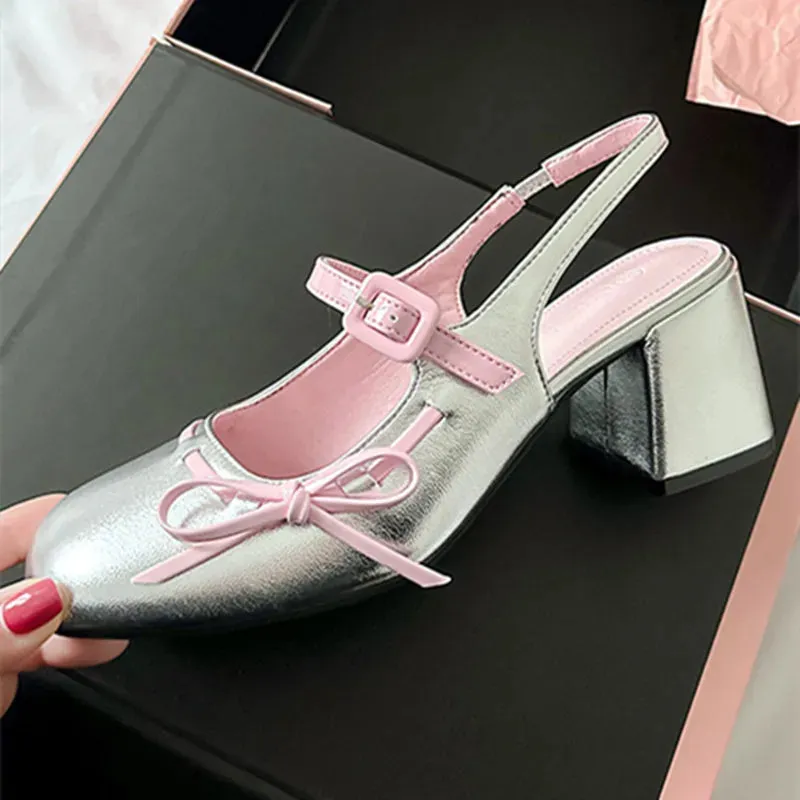 ADVBRIDGE  -  Sweet Bow Belt Buckle Women Sandals Fashion Round Toe Square Heel Mary Jane Shoes Simple Comfort Patent Leather Women Slide Shoe