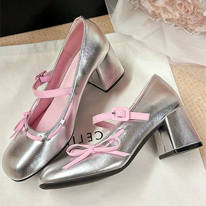 ADVBRIDGE  -  Sweet Bow Belt Buckle Women Sandals Fashion Round Toe Square Heel Mary Jane Shoes Simple Comfort Patent Leather Women Slide Shoe