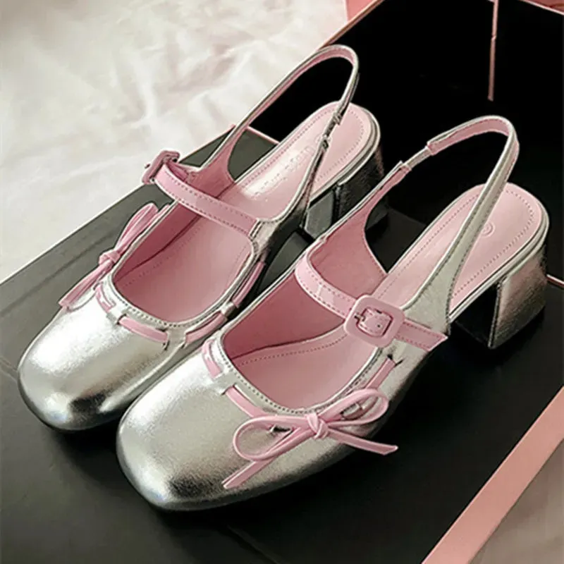 ADVBRIDGE  -  Sweet Bow Belt Buckle Women Sandals Fashion Round Toe Square Heel Mary Jane Shoes Simple Comfort Patent Leather Women Slide Shoe