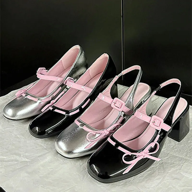 ADVBRIDGE  -  Sweet Bow Belt Buckle Women Sandals Fashion Round Toe Square Heel Mary Jane Shoes Simple Comfort Patent Leather Women Slide Shoe