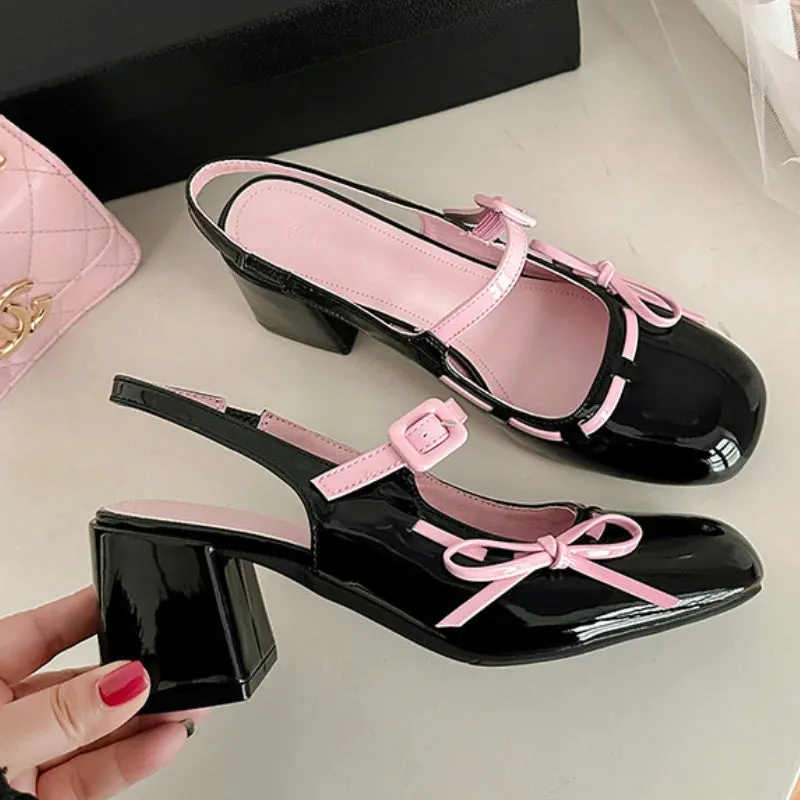 ADVBRIDGE  -  Sweet Bow Belt Buckle Women Sandals Fashion Round Toe Square Heel Mary Jane Shoes Simple Comfort Patent Leather Women Slide Shoe