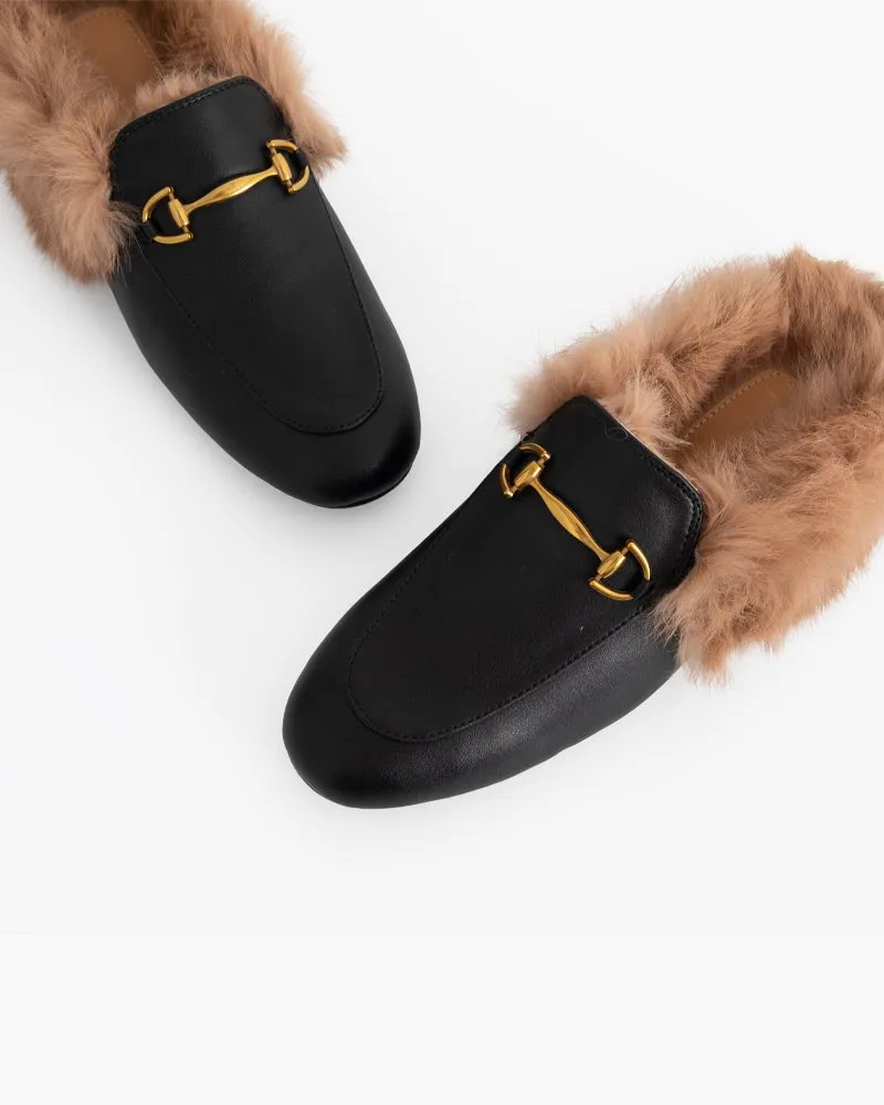 Alina Elegant Leather Backless Fur Slip-On Mules