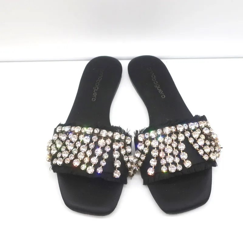 Anna Baiguera Crystal Fringe Slide Sandals Black Satin Size 38 Flat Mules