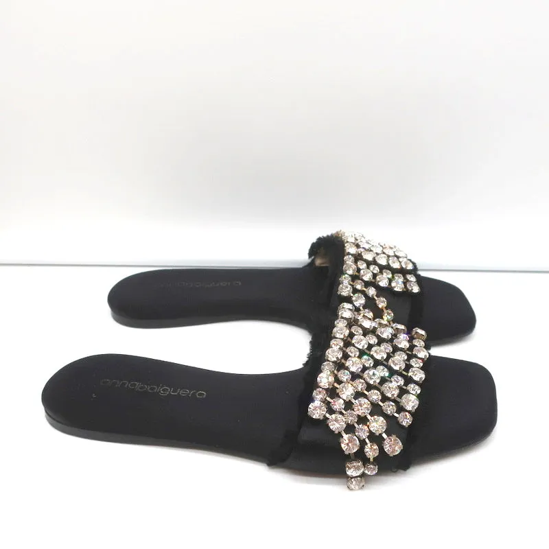 Anna Baiguera Crystal Fringe Slide Sandals Black Satin Size 38 Flat Mules
