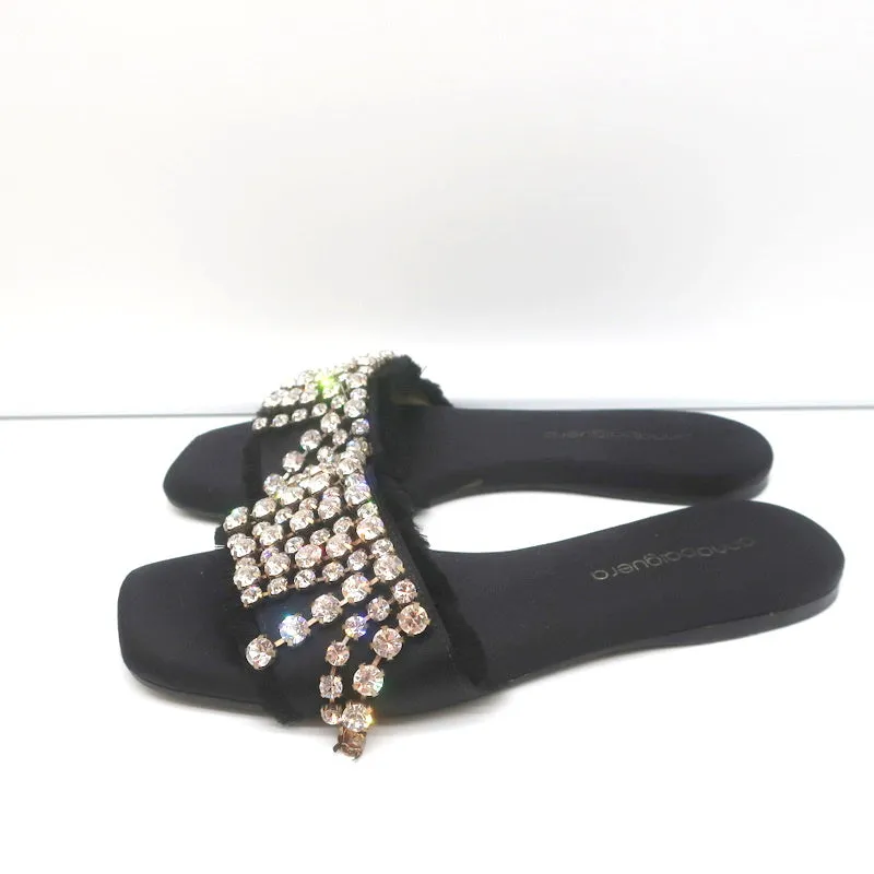 Anna Baiguera Crystal Fringe Slide Sandals Black Satin Size 38 Flat Mules