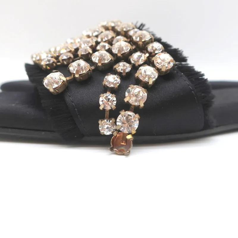 Anna Baiguera Crystal Fringe Slide Sandals Black Satin Size 38 Flat Mules