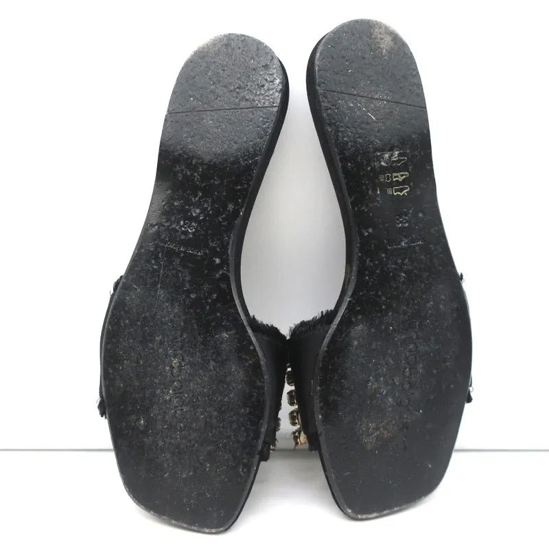 Anna Baiguera Crystal Fringe Slide Sandals Black Satin Size 38 Flat Mules