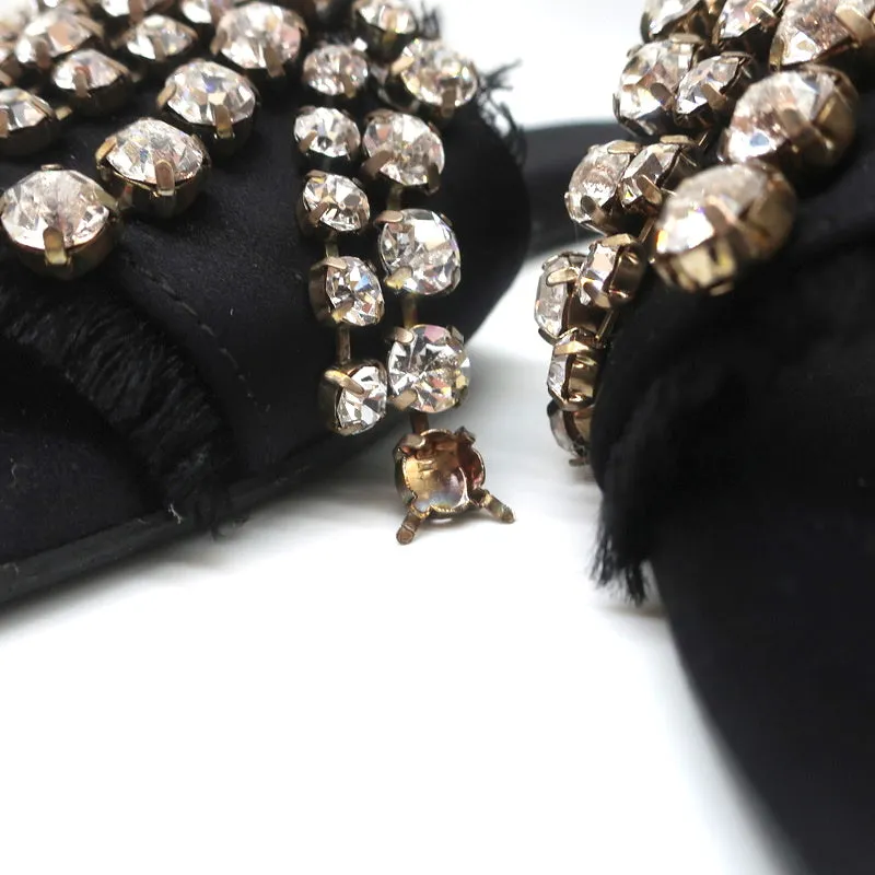 Anna Baiguera Crystal Fringe Slide Sandals Black Satin Size 38 Flat Mules
