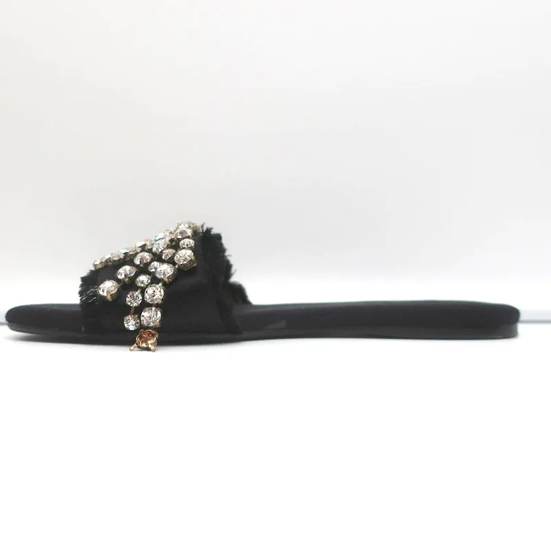 Anna Baiguera Crystal Fringe Slide Sandals Black Satin Size 38 Flat Mules