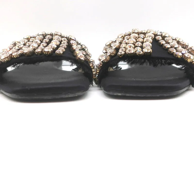 Anna Baiguera Crystal Fringe Slide Sandals Black Satin Size 38 Flat Mules