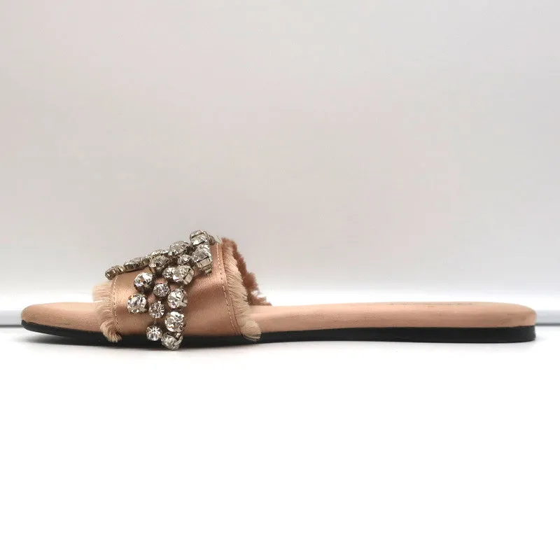 Anna Baiguera Crystal Fringe Slide Sandals Peach Satin Size 38 Flat Mules