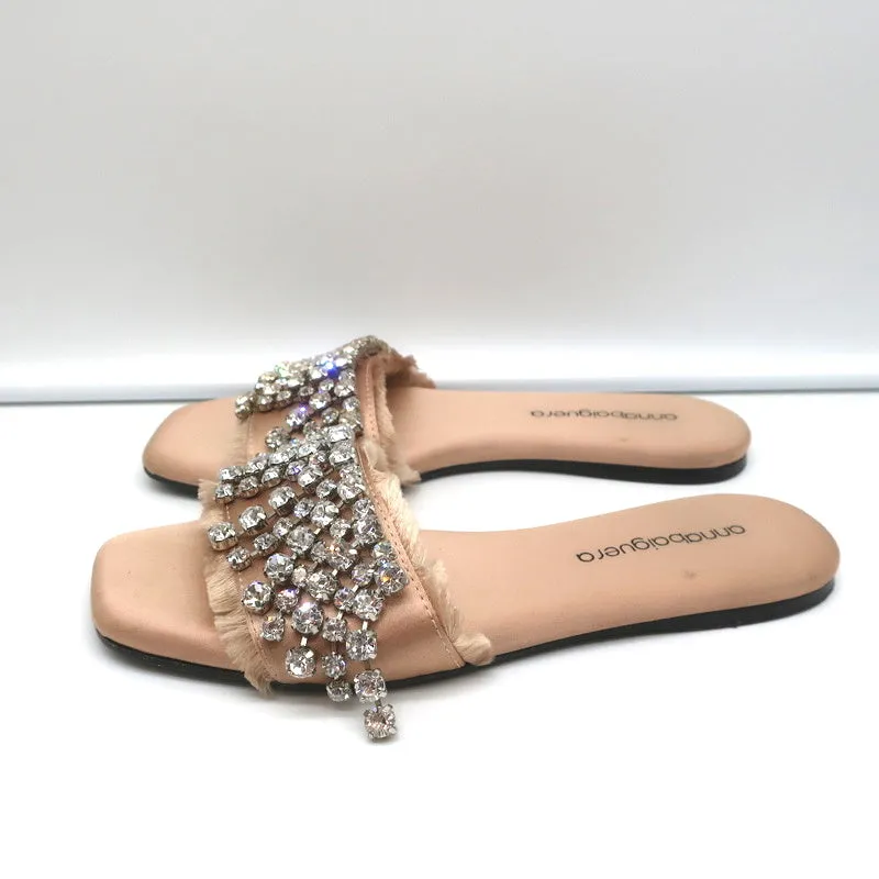 Anna Baiguera Crystal Fringe Slide Sandals Peach Satin Size 38 Flat Mules