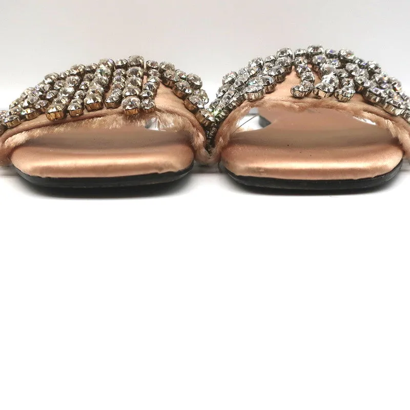 Anna Baiguera Crystal Fringe Slide Sandals Peach Satin Size 38 Flat Mules
