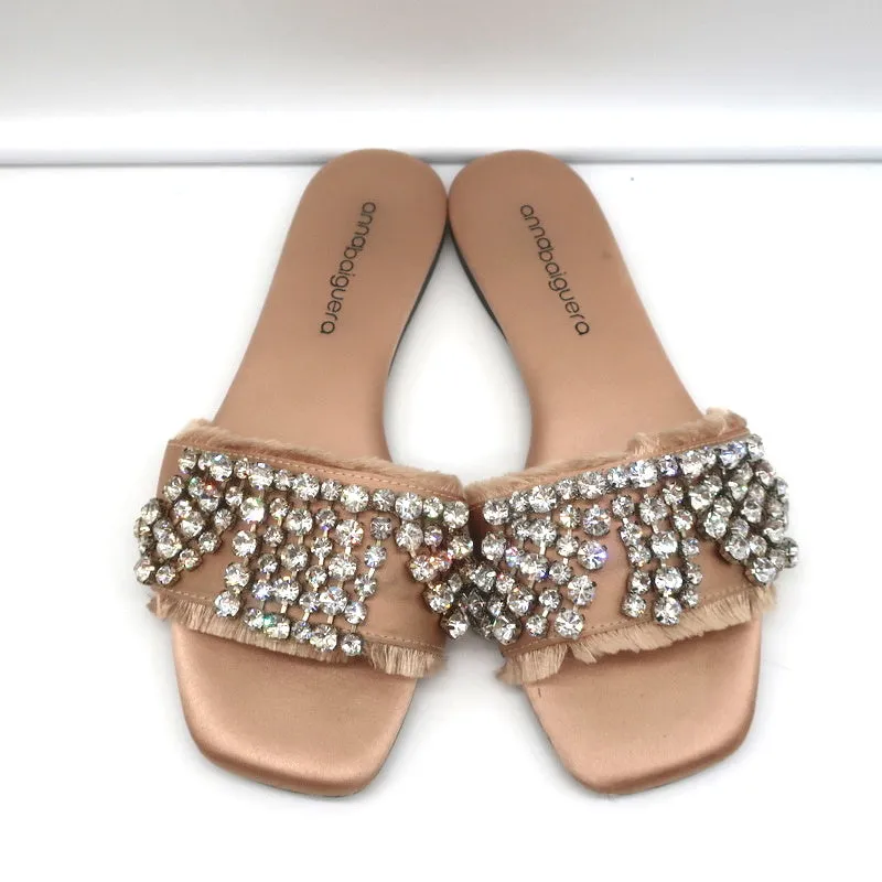 Anna Baiguera Crystal Fringe Slide Sandals Peach Satin Size 38 Flat Mules