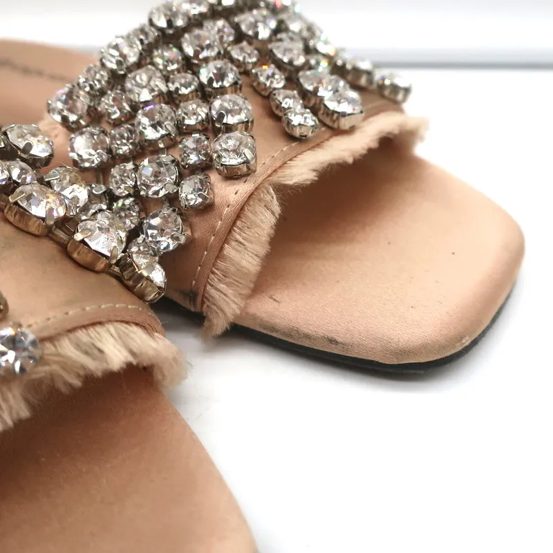 Anna Baiguera Crystal Fringe Slide Sandals Peach Satin Size 38 Flat Mules