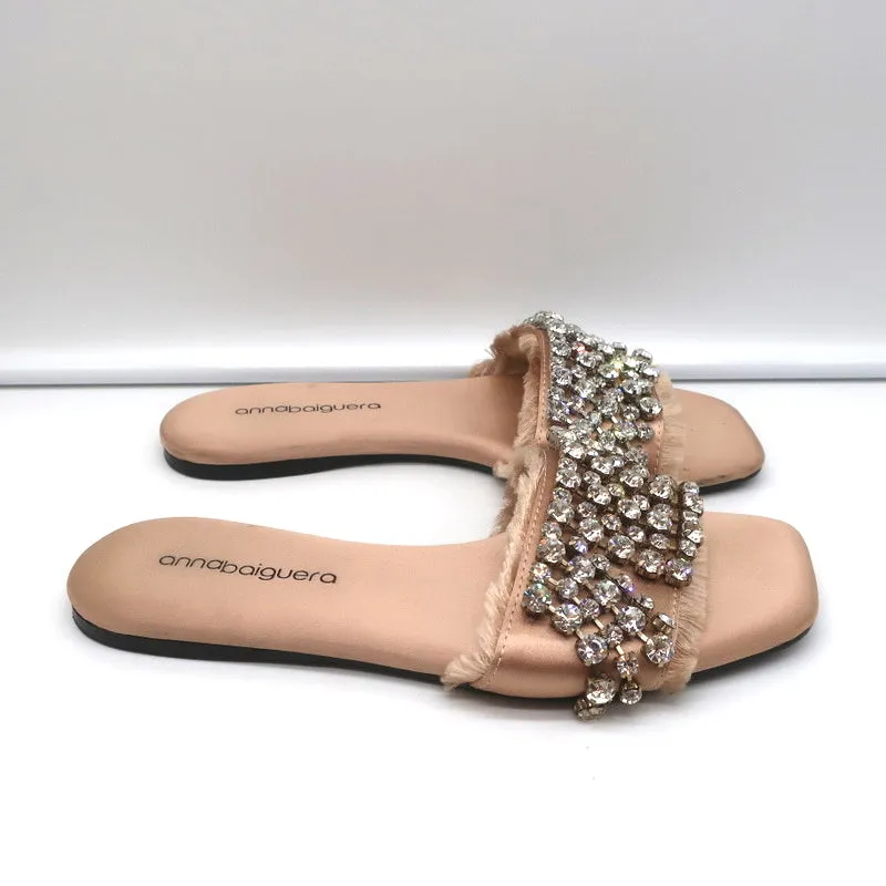 Anna Baiguera Crystal Fringe Slide Sandals Peach Satin Size 38 Flat Mules