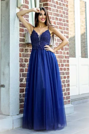 Anneprom Exquisite Spaghetti Straps A line Prom Dresses Tulle Appliqued Gowns APP0475