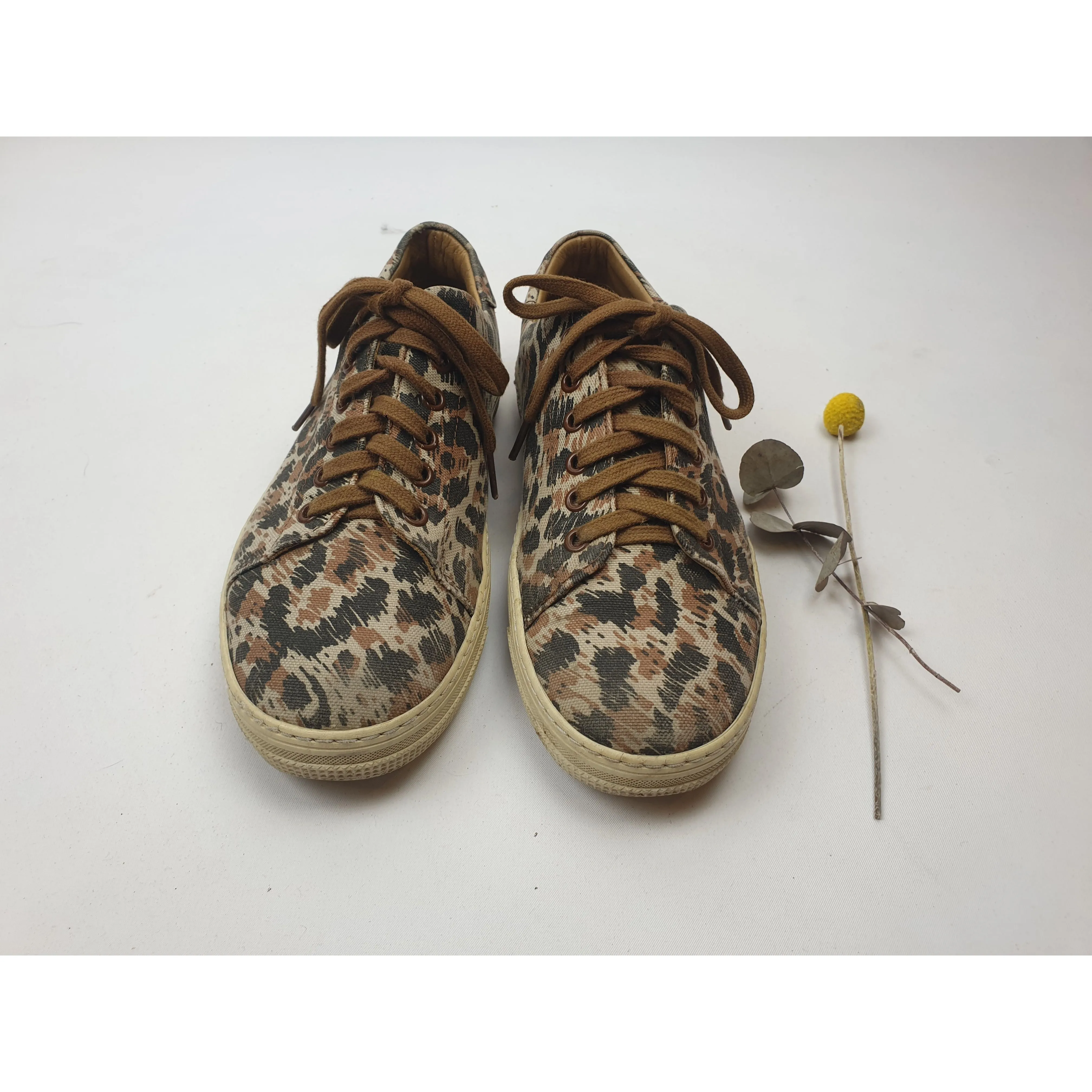 APC brown animal print canvas laceup shoes with leather lining size 38