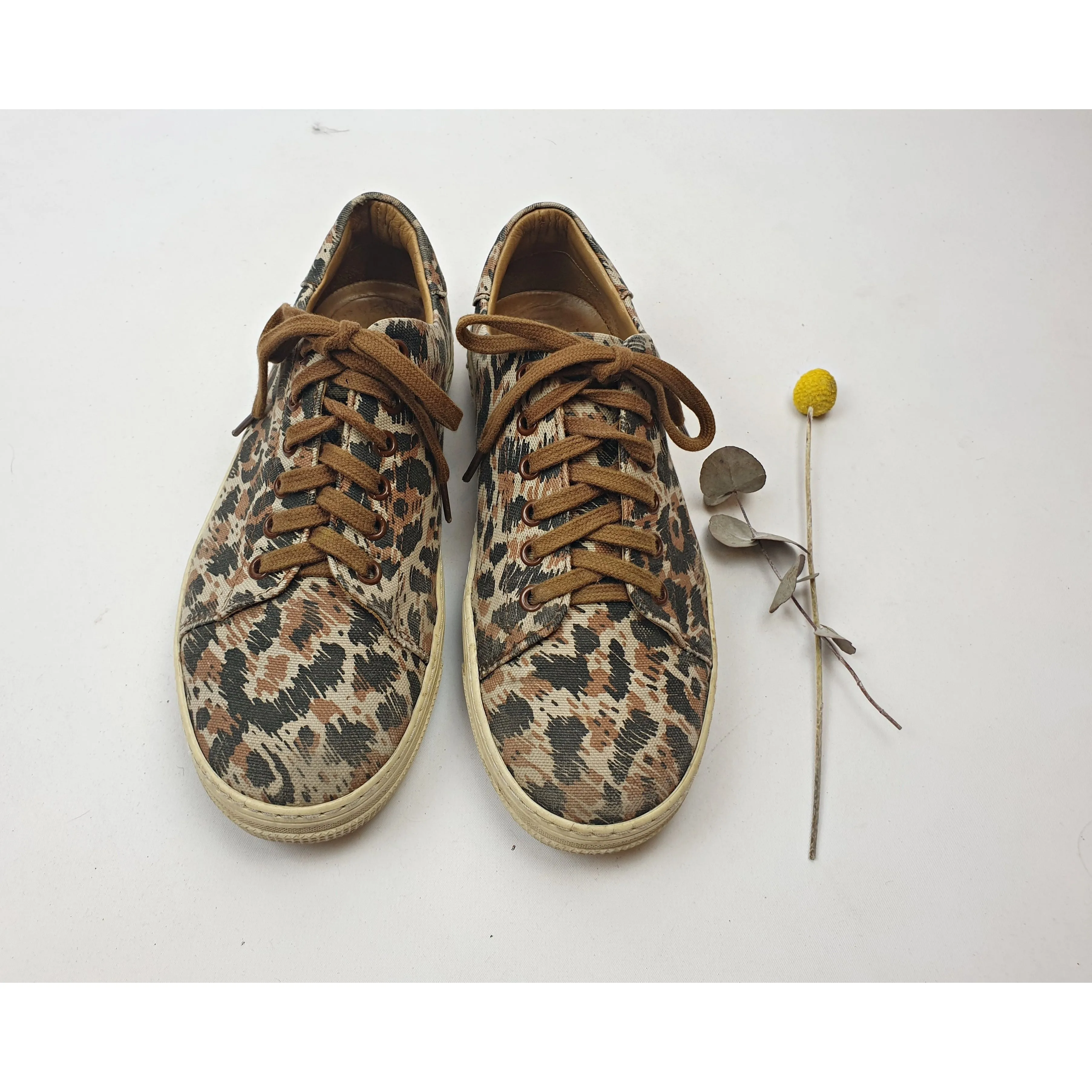 APC brown animal print canvas laceup shoes with leather lining size 38