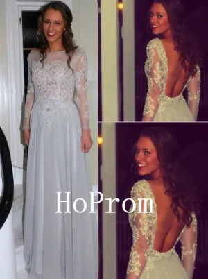 Applique Backless Prom Dresses,Long Sleeve Prom Dress,Evening Dress
