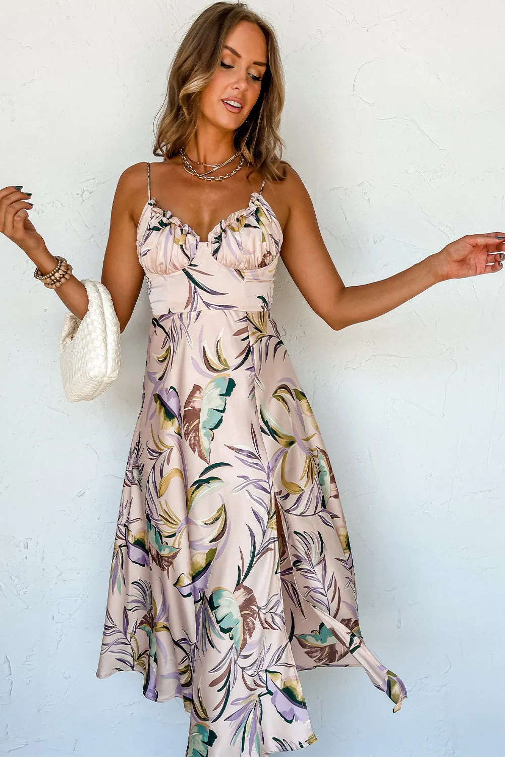 Apricot Tropical Print Spaghetti Straps Cupped Dress