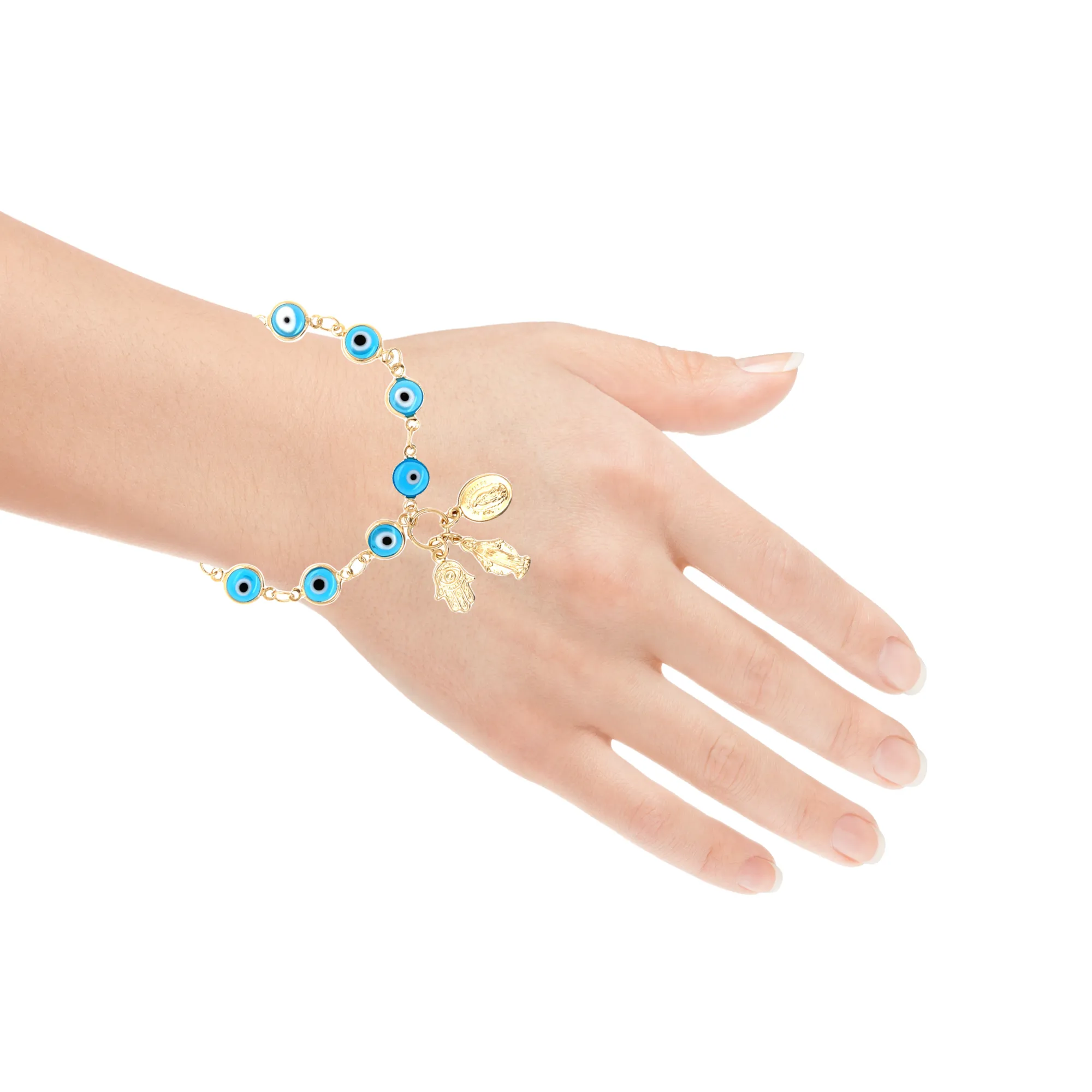 Aqua Blue Evil Eye Charm Bracelet and Hamsa Hand- Virgin Mary pendant