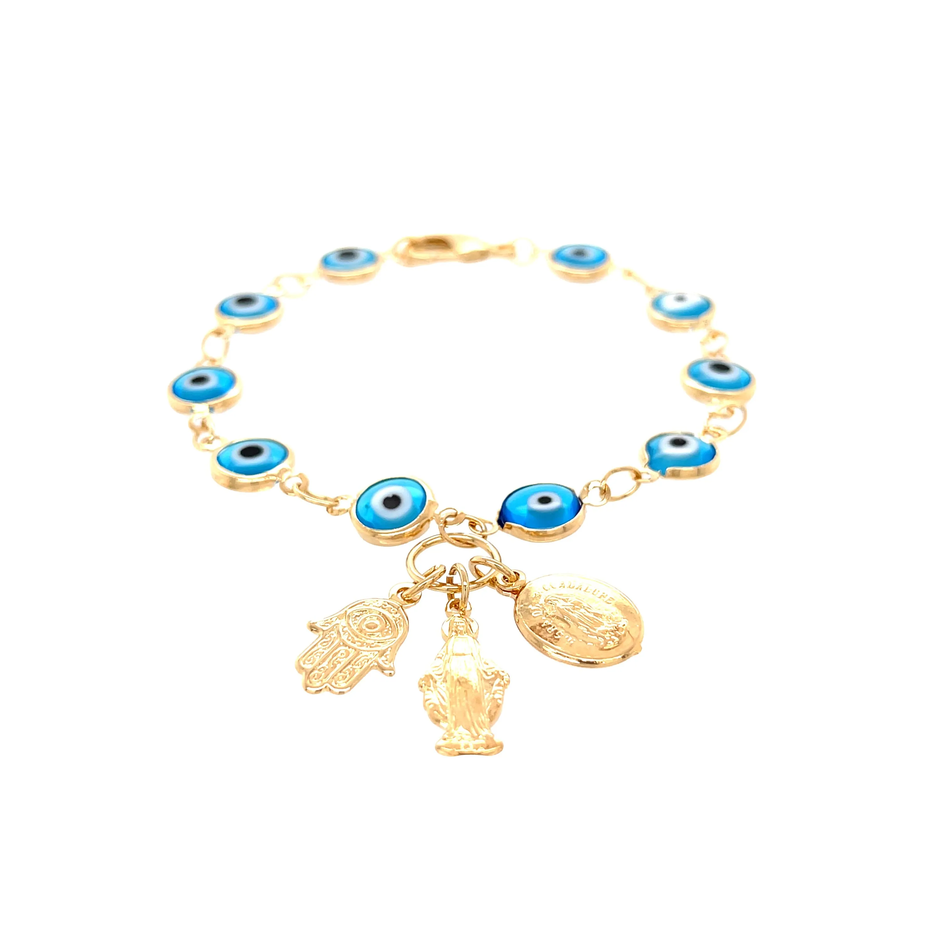 Aqua Blue Evil Eye Charm Bracelet and Hamsa Hand- Virgin Mary pendant