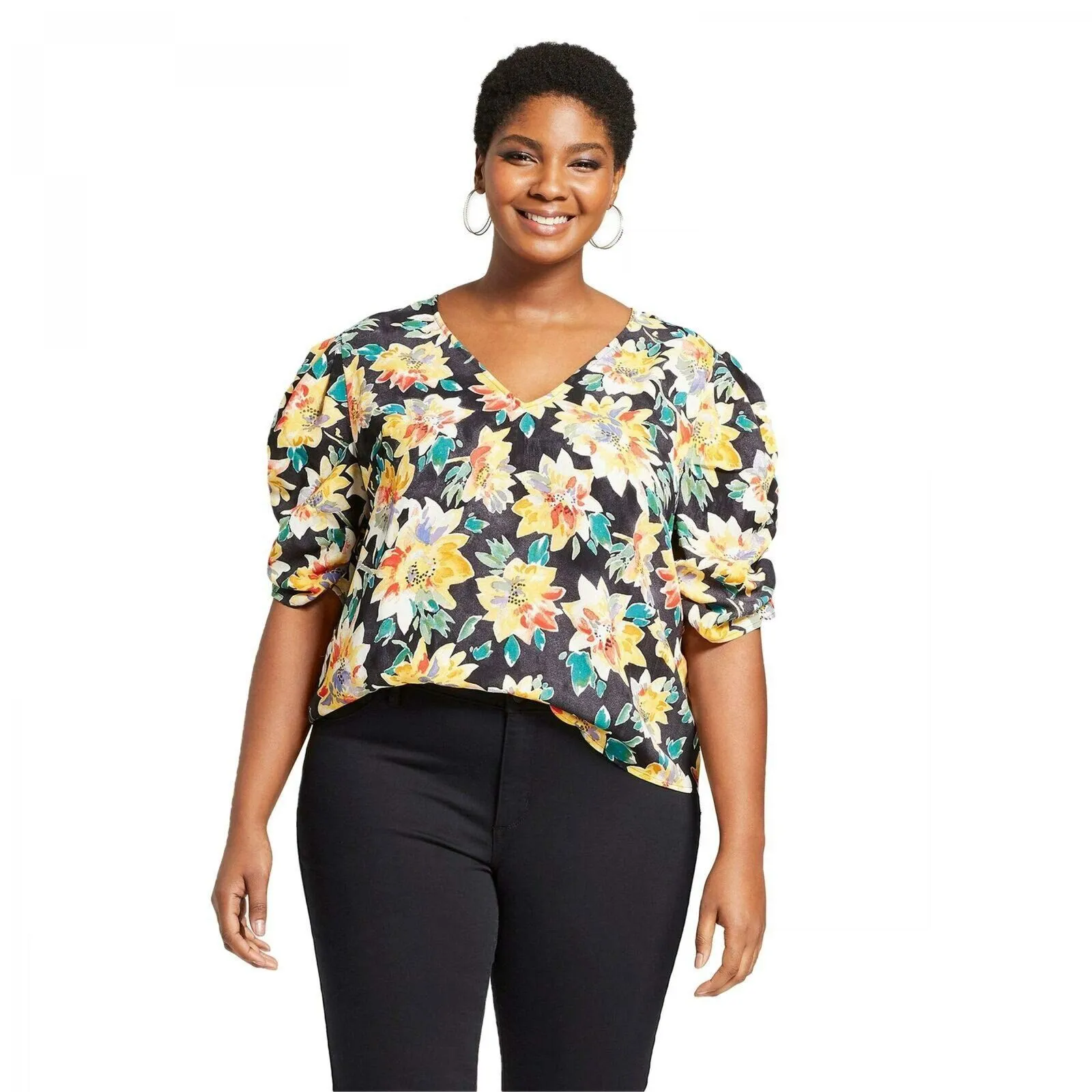Ava & Viv Women's Plus Size Printed Pleated Half Sleeve Blouse Shirt Top