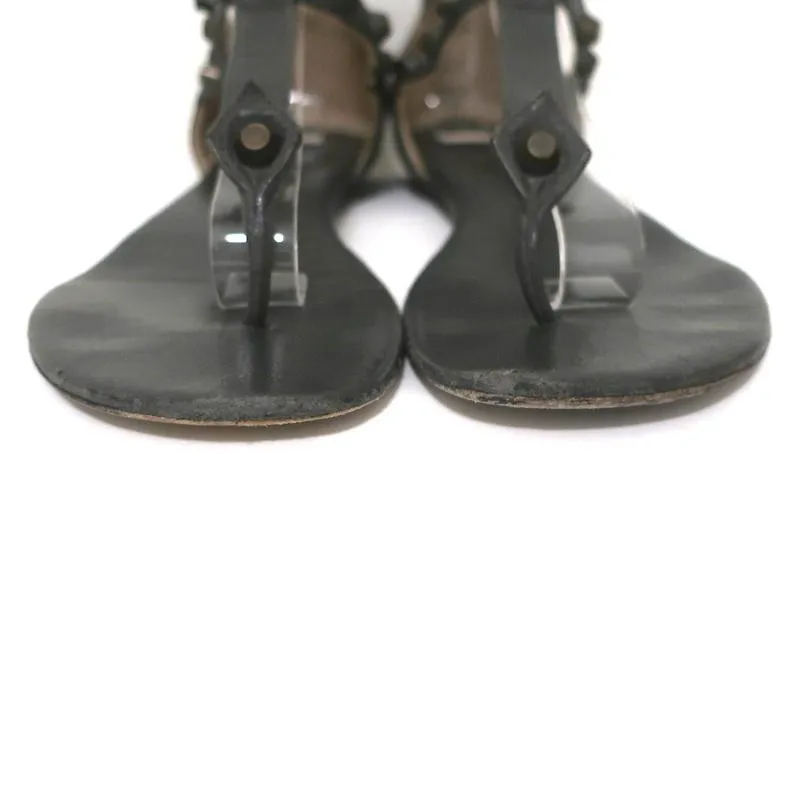 Balenciaga Studded T-Strap Sandals Dark Gray Leather Size 37.5 Flat Thong