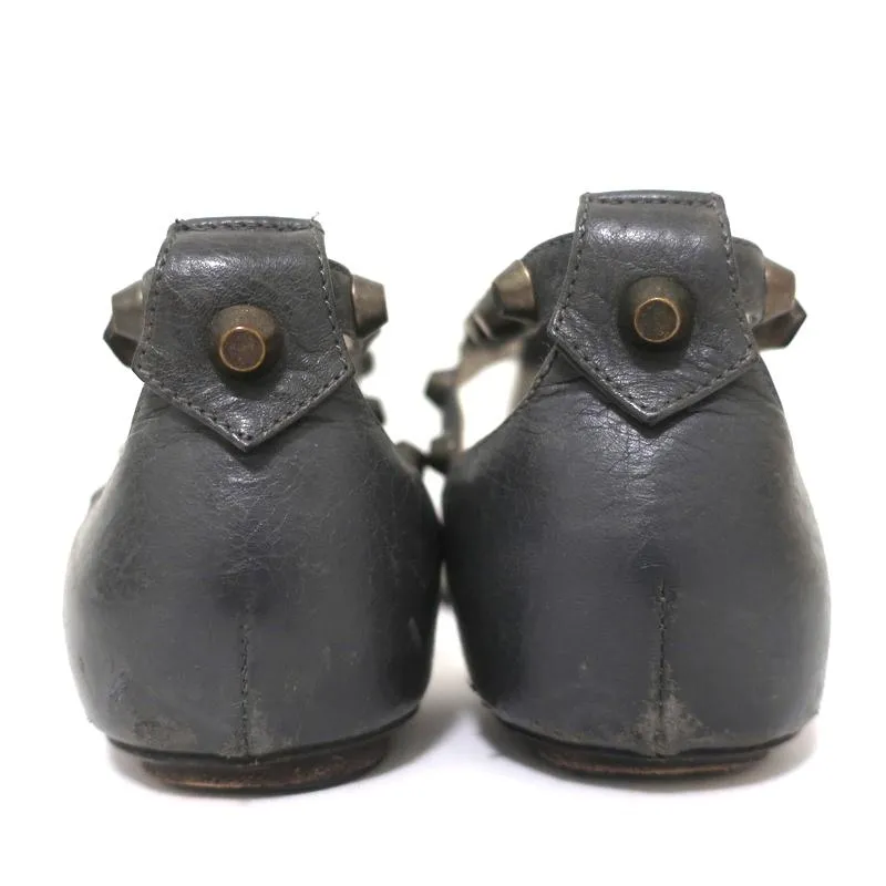 Balenciaga Studded T-Strap Sandals Dark Gray Leather Size 37.5 Flat Thong