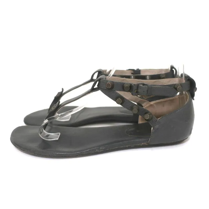 Balenciaga Studded T-Strap Sandals Dark Gray Leather Size 37.5 Flat Thong