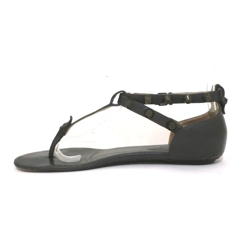 Balenciaga Studded T-Strap Sandals Dark Gray Leather Size 37.5 Flat Thong