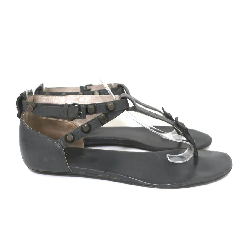 Balenciaga Studded T-Strap Sandals Dark Gray Leather Size 37.5 Flat Thong