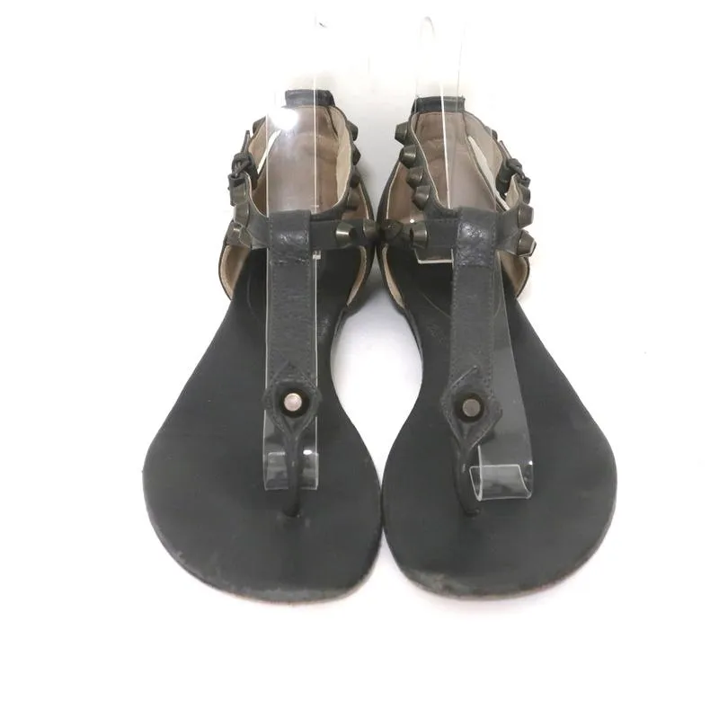 Balenciaga Studded T-Strap Sandals Dark Gray Leather Size 37.5 Flat Thong