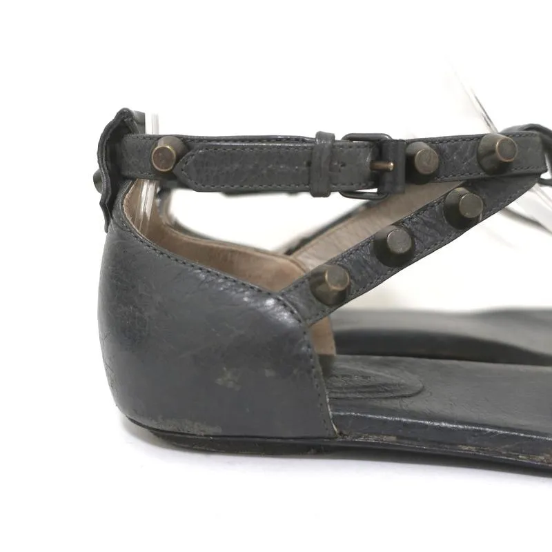 Balenciaga Studded T-Strap Sandals Dark Gray Leather Size 37.5 Flat Thong