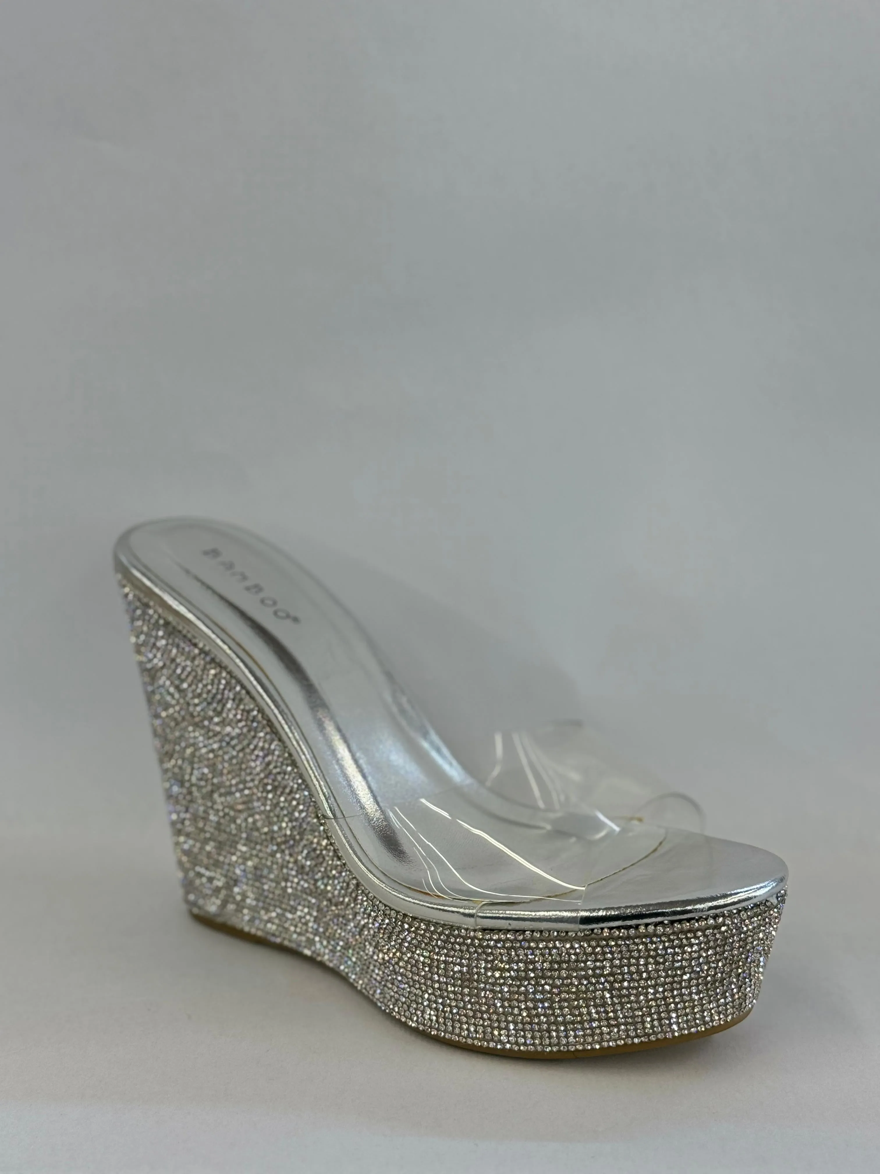 Bamboo Chosen-12 Women Rhinestone Glitter Clear Band Platform Wedge Sandal