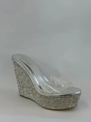 Bamboo Chosen-12 Women Rhinestone Glitter Clear Band Platform Wedge Sandal