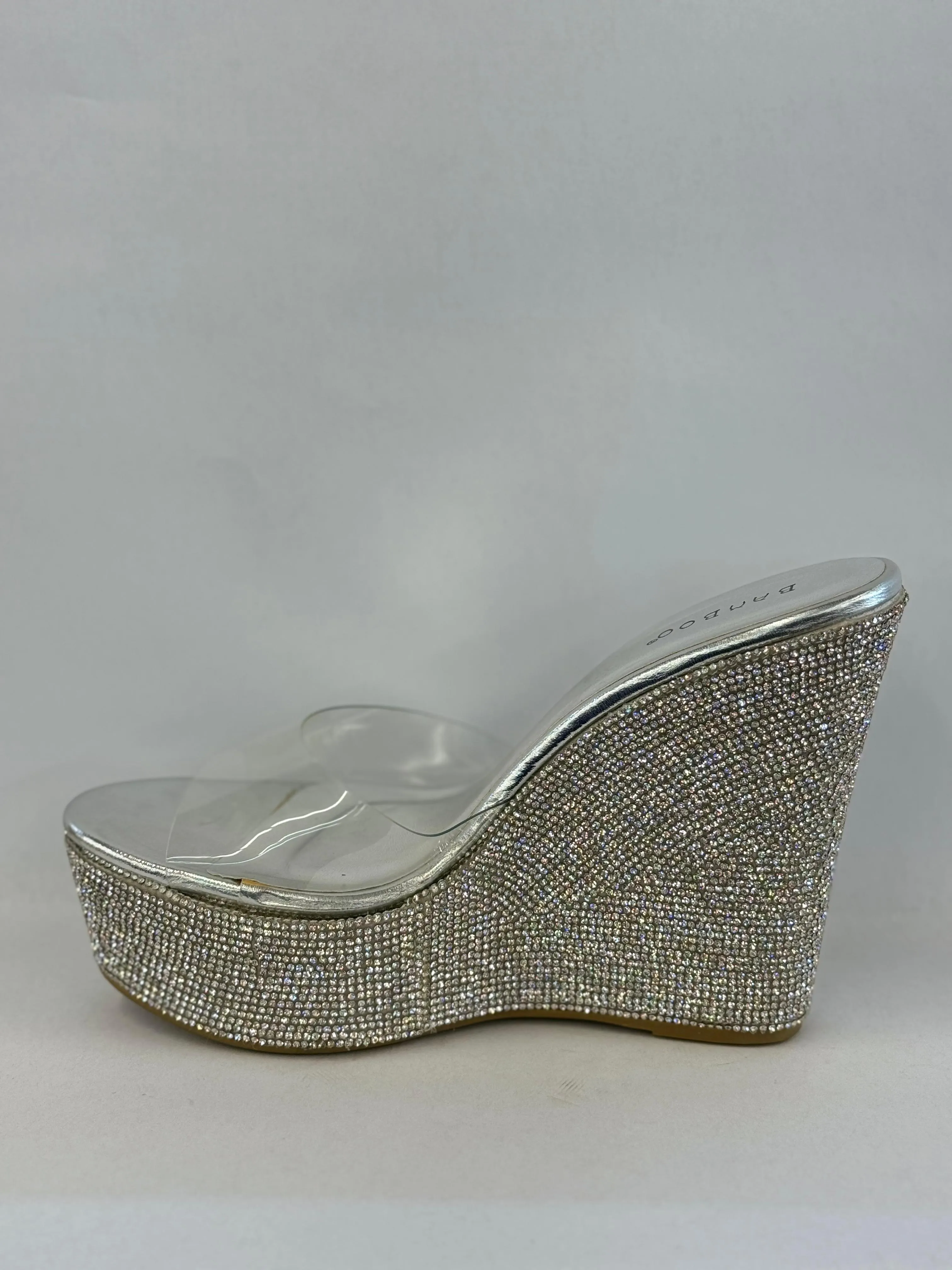 Bamboo Chosen-12 Women Rhinestone Glitter Clear Band Platform Wedge Sandal