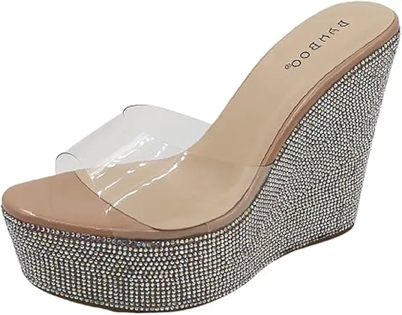 Bamboo Chosen-12 Women Rhinestone Glitter Clear Band Platform Wedge Sandal