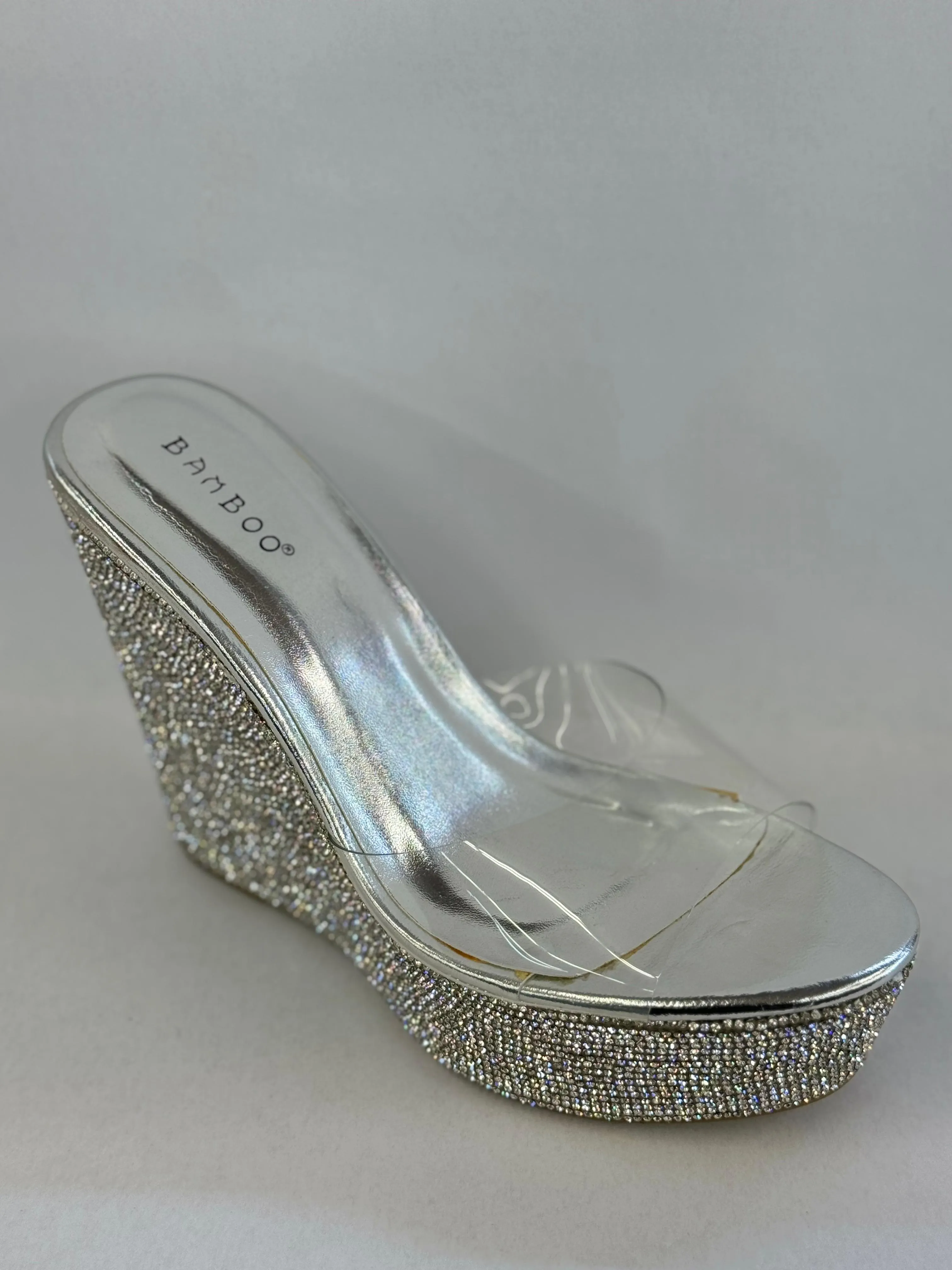 Bamboo Chosen-12 Women Rhinestone Glitter Clear Band Platform Wedge Sandal