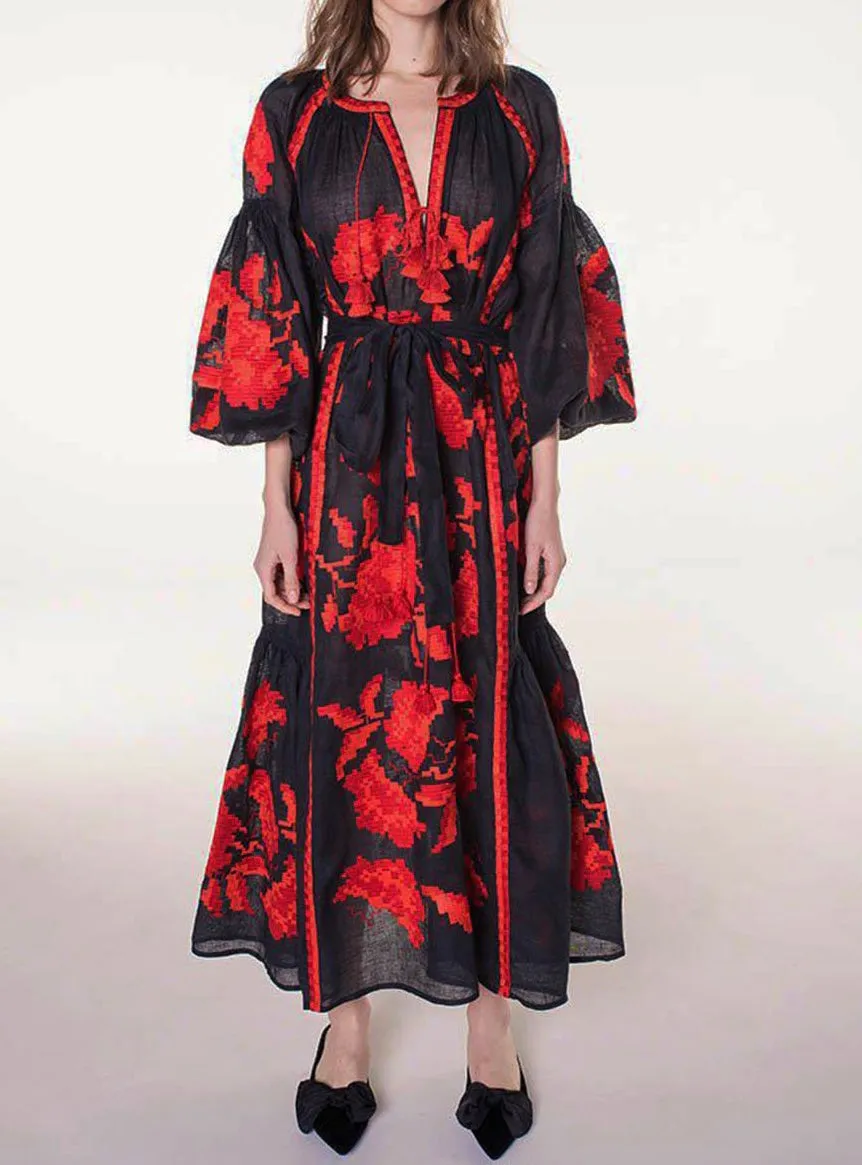 Black embroidered dress with red flowers