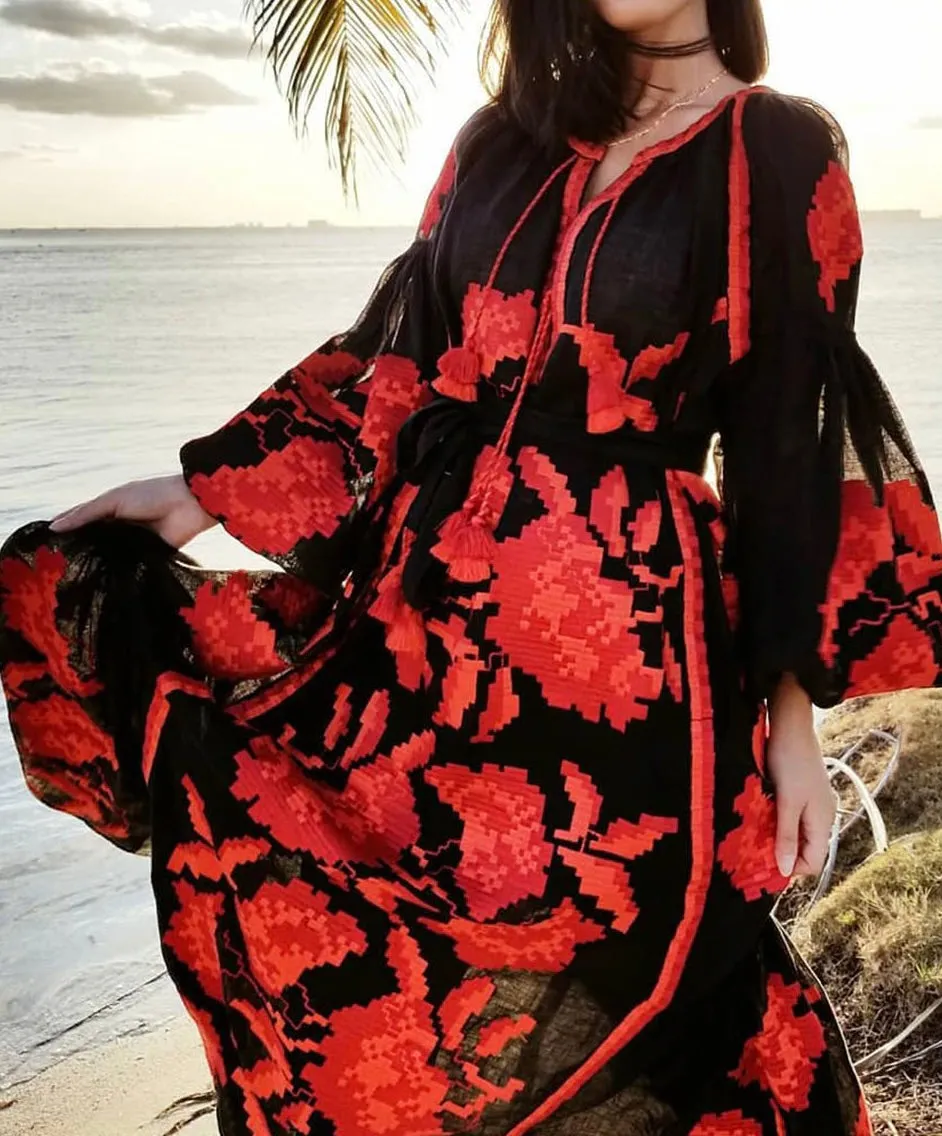 Black embroidered dress with red flowers